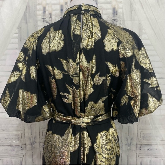 Alex Marie Black Gold Mock Neck Puff Sleeve Midi Dress Belted Pockets Cocktail - Picture 11 of 16